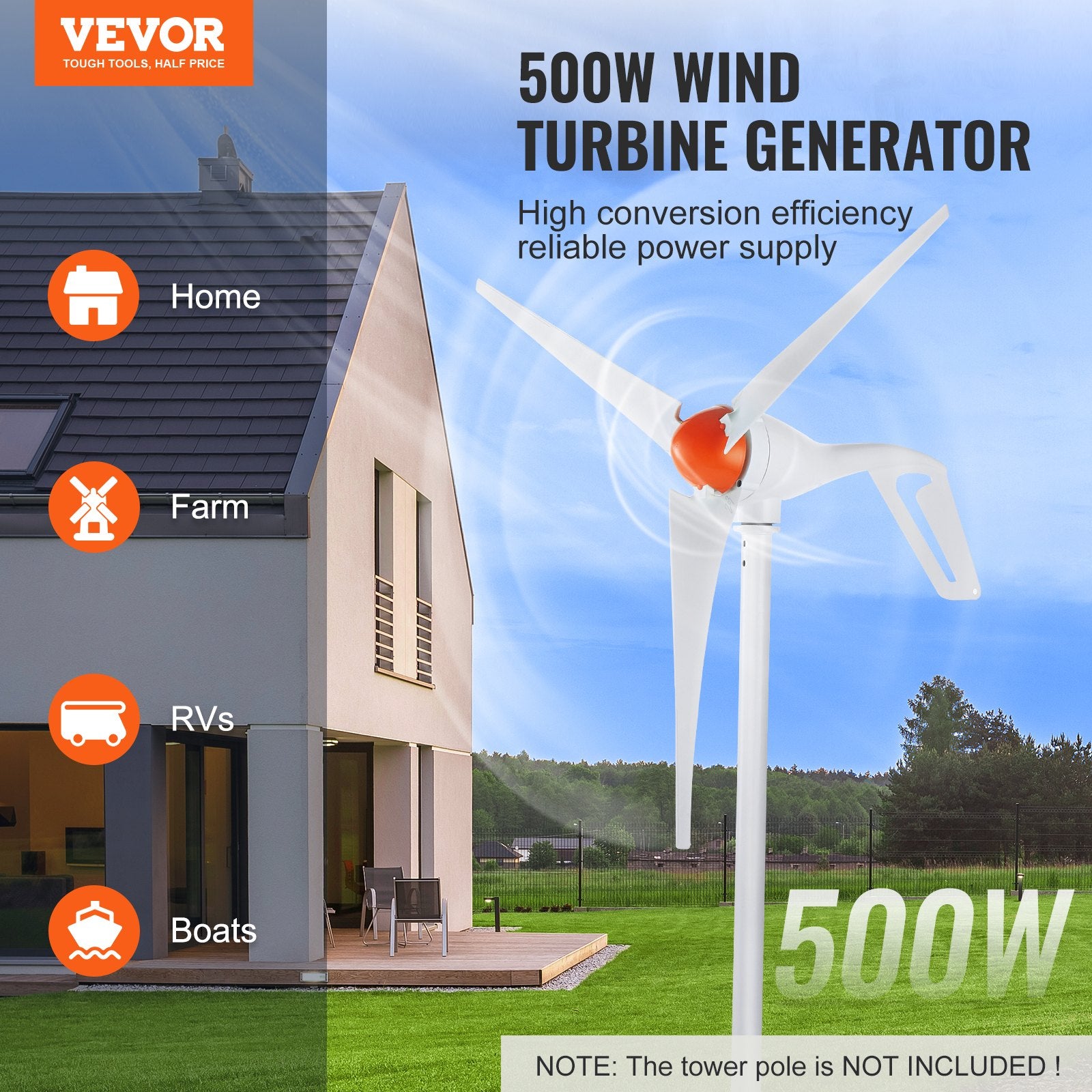 500W Wind Turbine Generator With Anemometer, 12V Wind Turbine Kit, 3-Blade Wind Power Generator, MPPT Controller & Adjustable Windward Direction, Suitable For Home, Farm, RVs, Boats